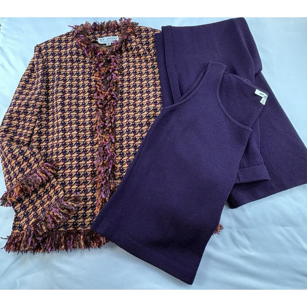 St John Houndstooth Orange Purple Tweed‎ Jacket Set, Purple Top, Pants Med-Small